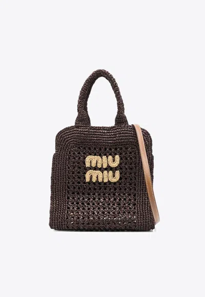 Miu Miu Woven Texture Tote Bag With Dual Handles In Brown