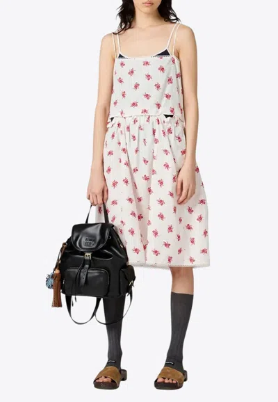 Miu Miu Button-detailed Floral Cotton-linen Midi Dress In Neutral