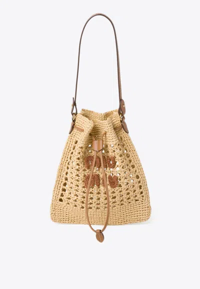 Miu Miu Mini Woven-raffia Bucket Bag In Brown