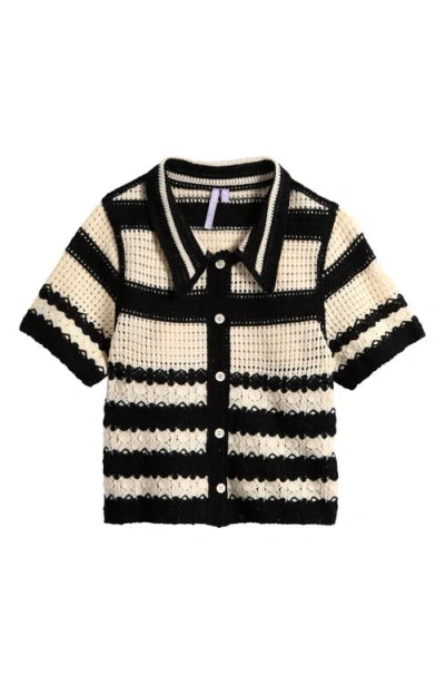 Good Luck Girl Kids' Stripe Open Stitch Knit Button-up Top In Black