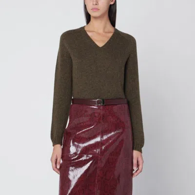 Roberto Collina Military Green Wool V-neck Sweater In Brown