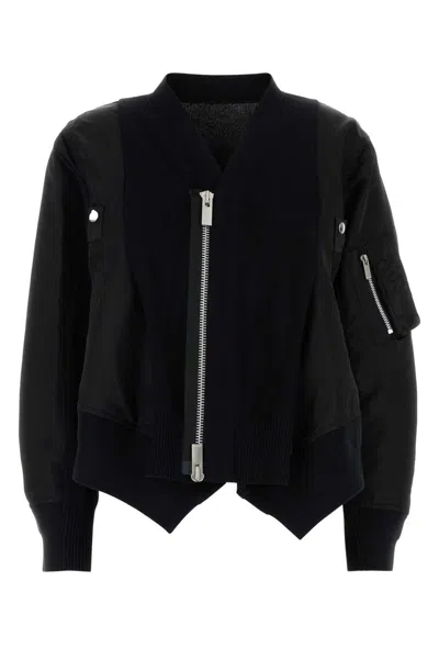 Sacai Black Cotton Blend And Nylon Bomber Jacket In Blue