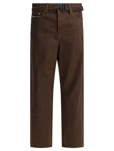 Sacai Relaxed Denim Trousers With Belt Loops And Zip Pocket In Brown