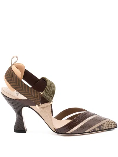 Fendi High-heeled Mesh And Multicolor Ayers Leather Slingbacks In Multi
