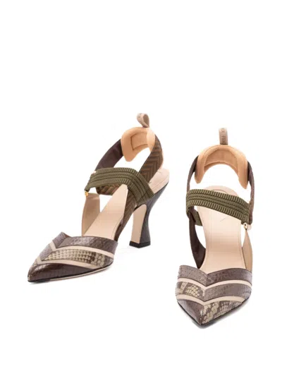 Fendi High-heeled Mesh And Multicolor Ayers Leather Slingbacks In Multi