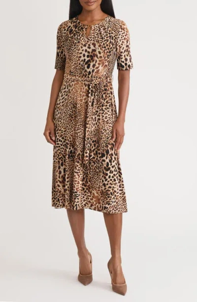 Kasper Women's Printed Elbow-sleeve Tie-waist Midi Dress In Animal Print