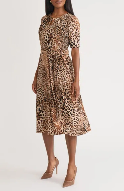 Kasper Women's Printed Elbow-sleeve Tie-waist Midi Dress In Animal Print