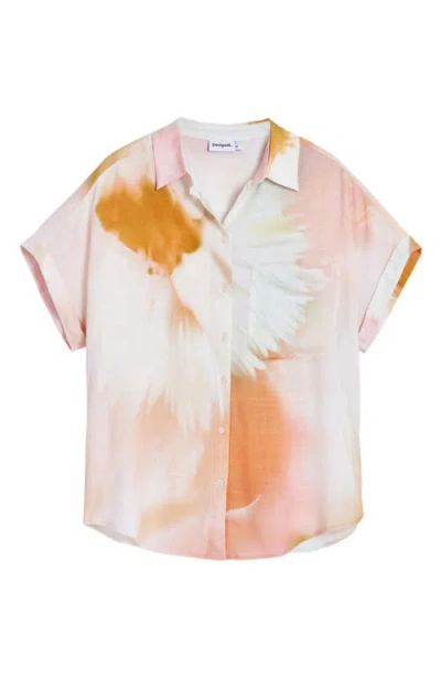 Desigual Abstract Print Short Sleeve Button-up Shirt In White