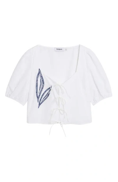 Desigual Embroidered Tie Front Top In White
