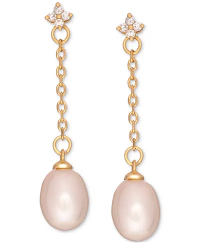 Macy's Cultured Freshwater Pearl (7x9mm) & Cubic Zirconia Linear Chain Drop Earrings In 18k Gold-plated Ste In Gold