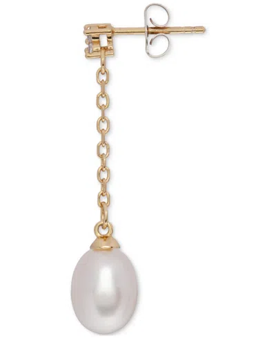 Macy's Cultured Freshwater Pearl (7x9mm) & Cubic Zirconia Linear Chain Drop Earrings In 18k Gold-plated Ste In Gold