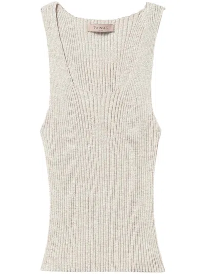 Twinset Twin-set Fitted Linen Top With Ribbed Texture In Green