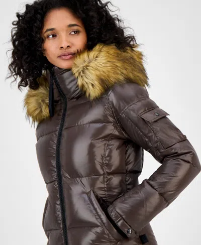 S13 Women's Allie Faux-fur-trim Hooded Puffer Coat In Brown