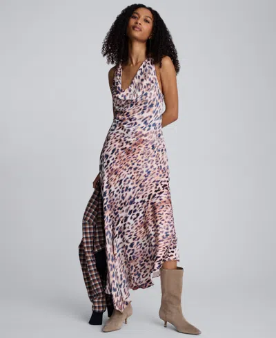 Kenneth Cole Printed Satin Asymmetric Hem Cowl Front Dress In Pink