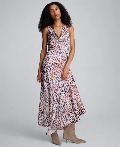 Kenneth Cole Printed Satin Asymmetric Hem Cowl Front Dress In Pink