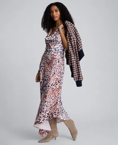 Kenneth Cole Printed Satin Asymmetric Hem Cowl Front Dress In Pink