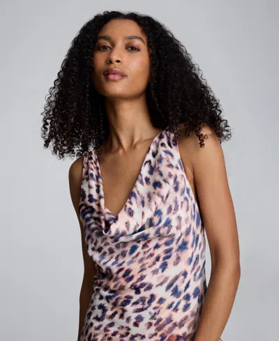 Kenneth Cole Printed Satin Asymmetric Hem Cowl Front Dress In Pink