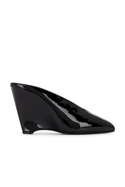 Ferragamo Leather Mules With Wedge Heel And Glossy Finish In Black