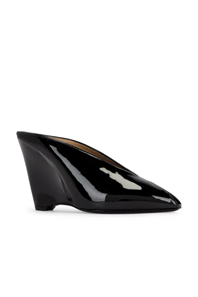 Ferragamo Leather Mules With Wedge Heel And Glossy Finish In Black