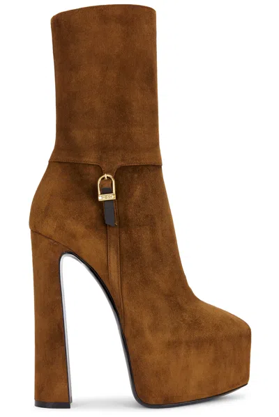 Saint Laurent Nico 155 Suede Platform Ankle Boots In Brown