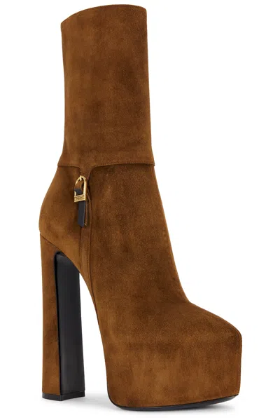 Saint Laurent Nico 155 Suede Platform Ankle Boots In Brown