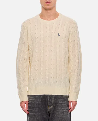Polo Ralph Lauren White Cable Knit Crewneck Sweater With Pony Embroidery On The Front In Wool And Cashmere Man In Neutral
