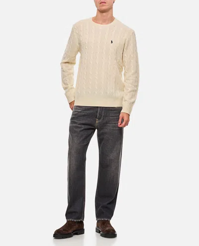 Polo Ralph Lauren White Cable Knit Crewneck Sweater With Pony Embroidery On The Front In Wool And Cashmere Man In Neutral