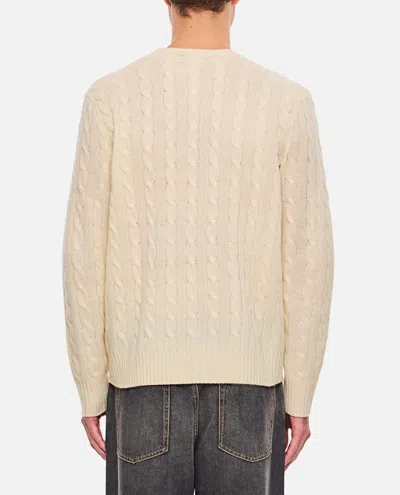 Polo Ralph Lauren White Cable Knit Crewneck Sweater With Pony Embroidery On The Front In Wool And Cashmere Man In Neutral