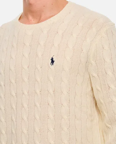 Polo Ralph Lauren White Cable Knit Crewneck Sweater With Pony Embroidery On The Front In Wool And Cashmere Man In Neutral