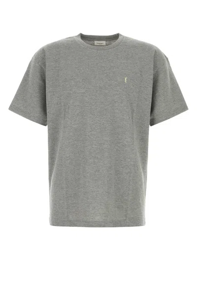 Saint Laurent Grey Crewneck T-shirt With Cassandre Embroidery In Cotton Man In Gray