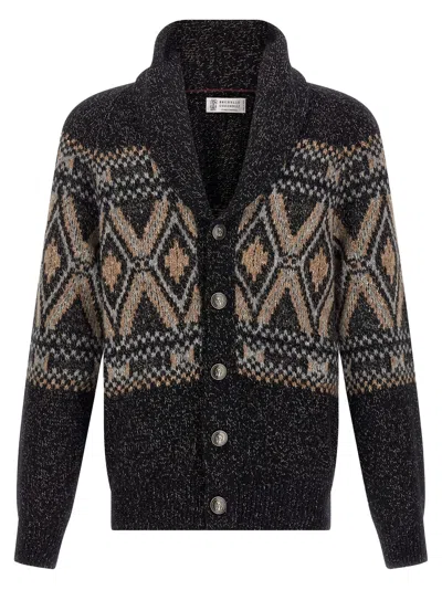 Brunello Cucinelli Wool Shawl Collar Cardigan In Black