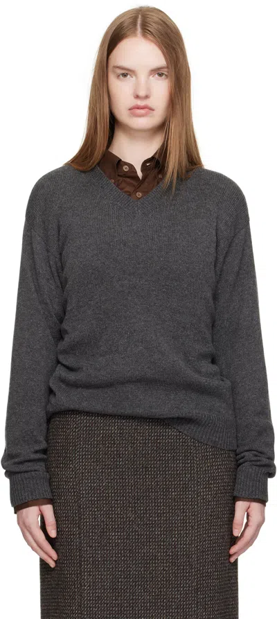 Auralee Gray Light Cashmere Knit V-neck Sweater In Gray