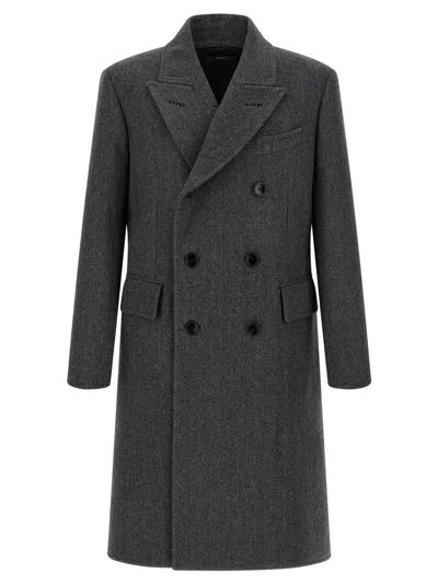Tom Ford Mens Dark Grey Black Herringbone Double-breasted Wool Coat In Gray