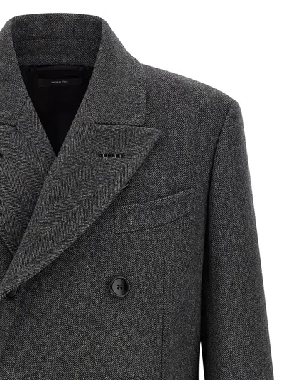 Tom Ford Mens Dark Grey Black Herringbone Double-breasted Wool Coat In Gray