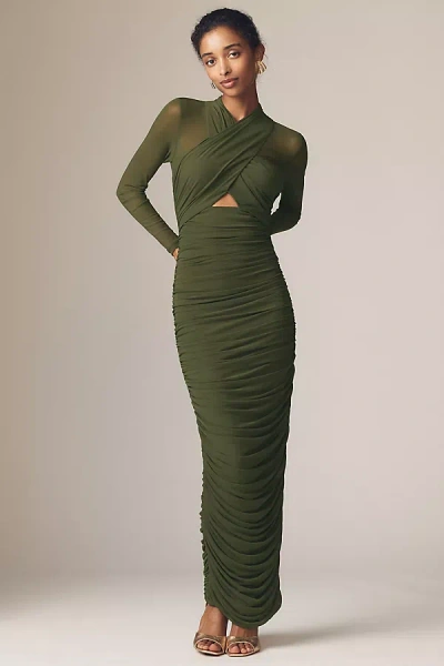 Bardot Aliyah Long-sleeve Front-cutout Midi Dress In Green