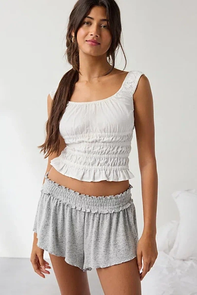 Out From Under Stay At Home Smocked Ruffle Knit Shorts In Grey, Women's At Urban Outfitters In White