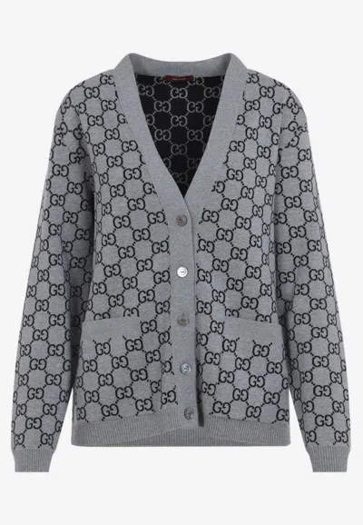 Gucci Wool Jacquard Cardigan With Gg Shadow In Grey