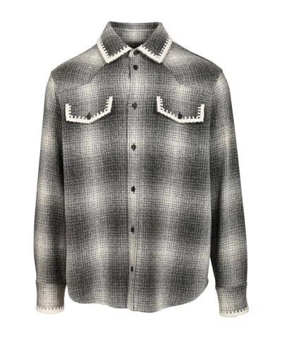 Golden Goose Wool Blend Long Sleeve Checked Shirt In Gray