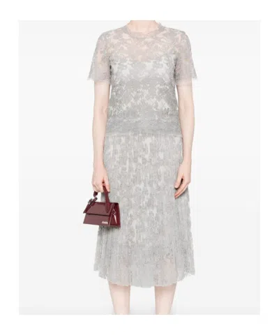 Ermanno Scervino Floral Lace Round Neck Sheer Top In Gray