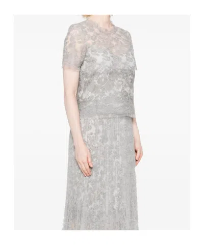 Ermanno Scervino Floral Lace Round Neck Sheer Top In Gray