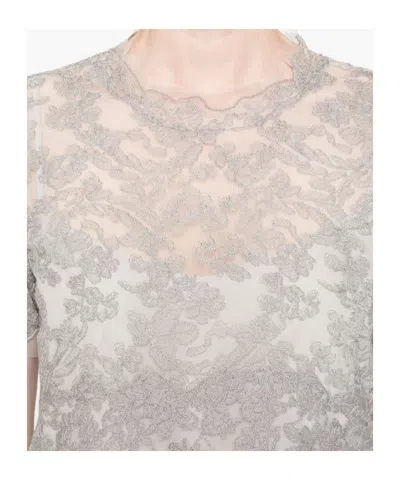 Ermanno Scervino Floral Lace Round Neck Sheer Top In Gray