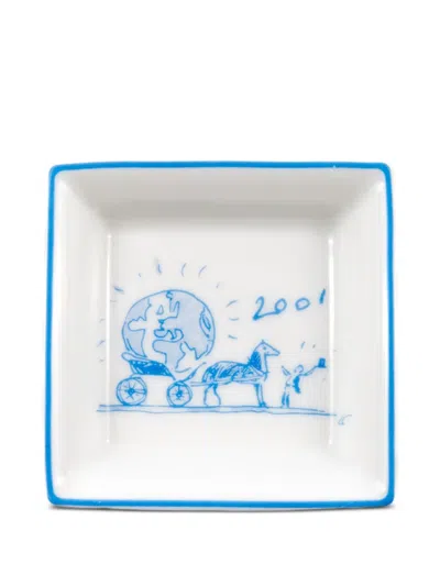 Pre-owned Hermes 2001 Globe-print Organizer Tray (8cm X 8cm) In White