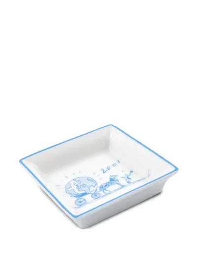 Pre-owned Hermes 2001 Globe-print Organizer Tray (8cm X 8cm) In White