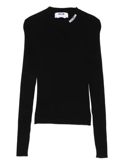 Msgm Fitted Long-sleeve Ribbed Top With Structured Shoulders In Black