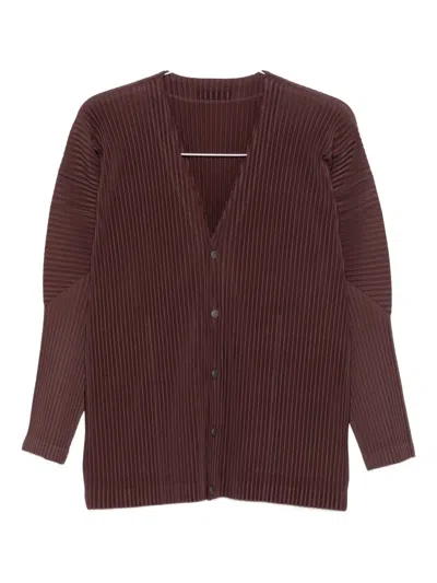 Issey Miyake Button-up Textured Cardigan With Deep V-neckline And Vertical Pleats In Brown