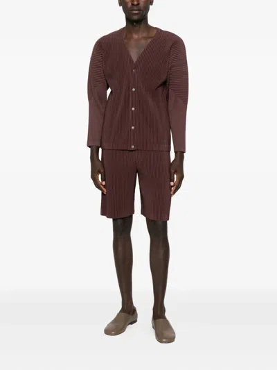 Issey Miyake Button-up Textured Cardigan With Deep V-neckline And Vertical Pleats In Brown