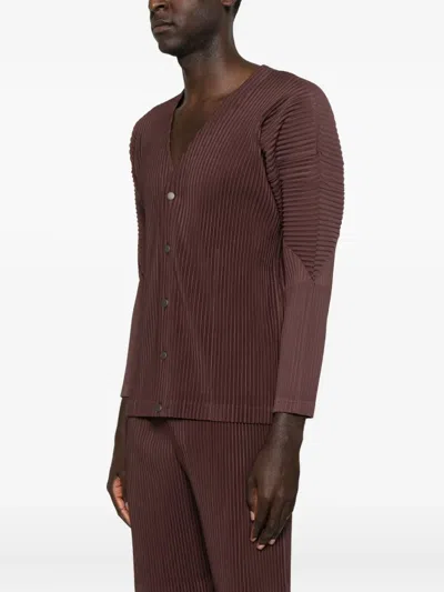 Issey Miyake Button-up Textured Cardigan With Deep V-neckline And Vertical Pleats In Brown