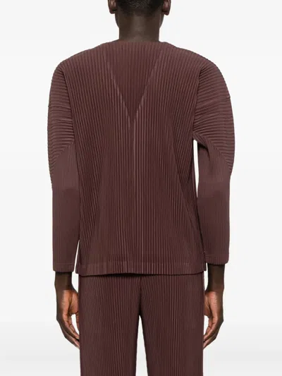 Issey Miyake Button-up Textured Cardigan With Deep V-neckline And Vertical Pleats In Brown