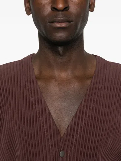 Issey Miyake Button-up Textured Cardigan With Deep V-neckline And Vertical Pleats In Brown