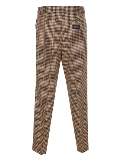 Liu •jo Tailored Trousers With Check Motif And Jewels Button In Brown